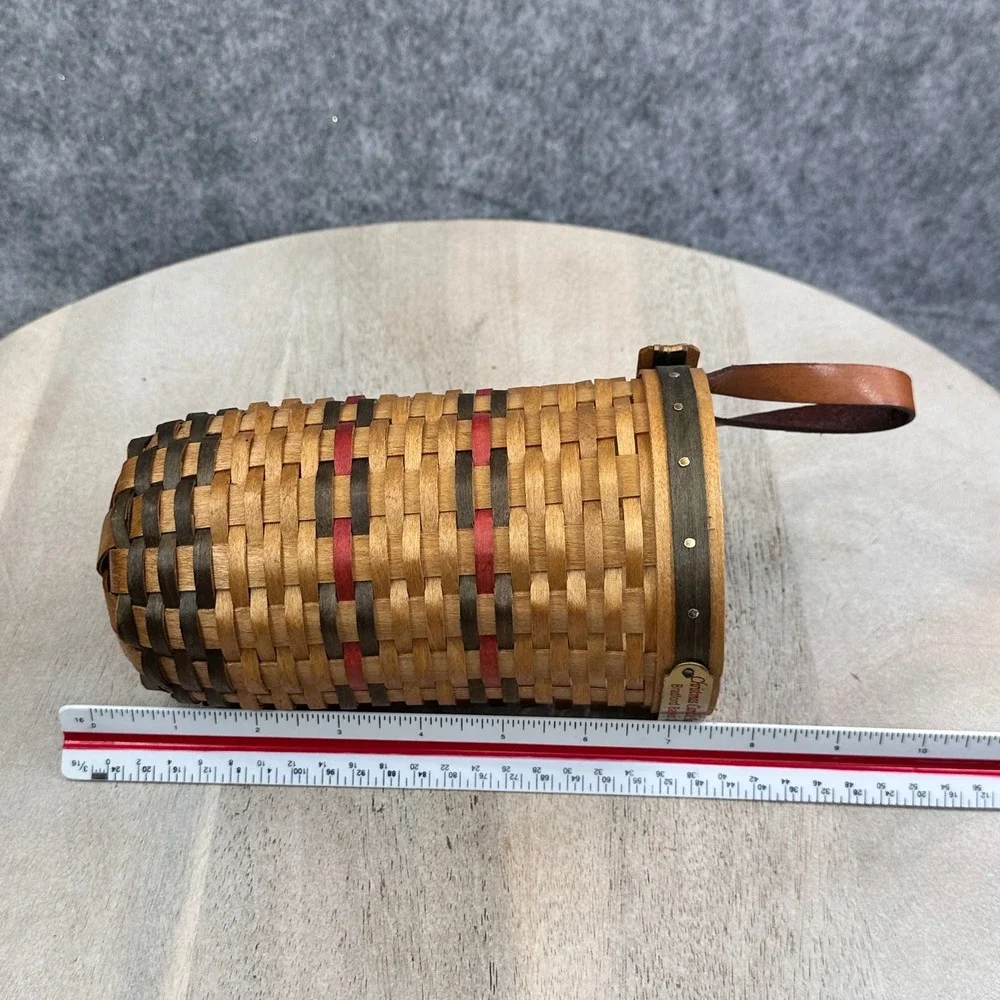 Bradford Basket Company 1997 Christmas Candle Basket Woven Wood Leather Handle